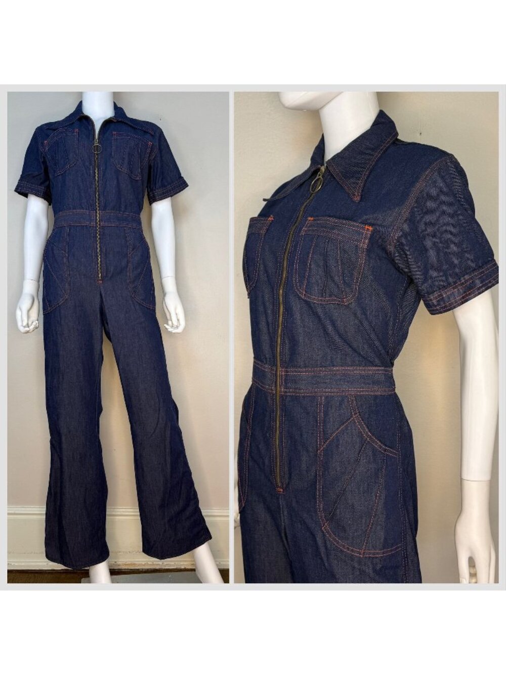 Vintage 1970s Women's Denim Zip Up Jumpsuit, Sears Size 36R, Small/Medium